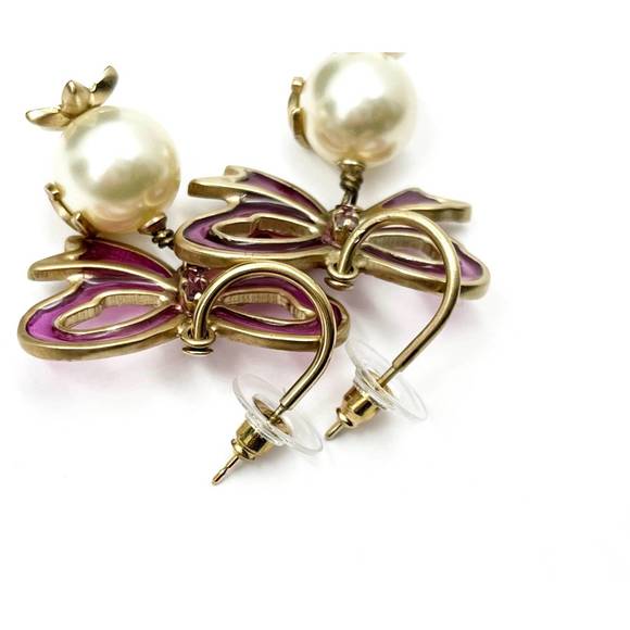 CHANEL Gold Fuchsia Ribbon Bow CC Pearl Dangle Hoop Earrings - Picture 4 of 4
